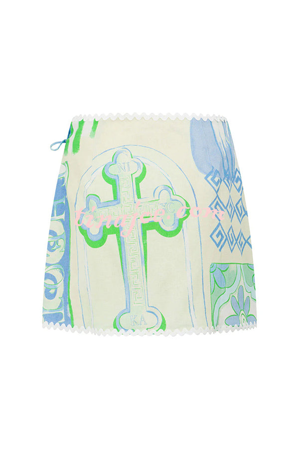 Conjunto Pierre – Camisa Estampada com Saia Envelope em Linho e Amarração Lateral