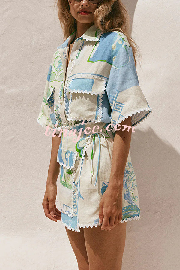 Conjunto Pierre – Camisa Estampada com Saia Envelope em Linho e Amarração Lateral