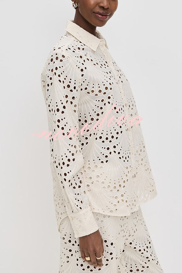 Conjunto Lillah – Renda Bordada com Estampa Concha e Manga Longa