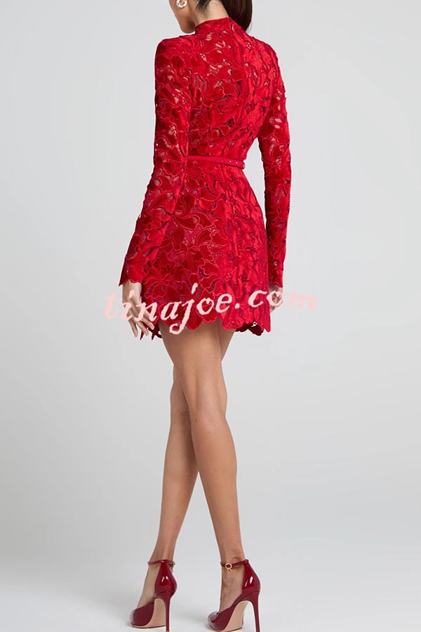 Vestido Lydia – Mini Tule com Renda Floral Bordada, Manga Longa e Cinto