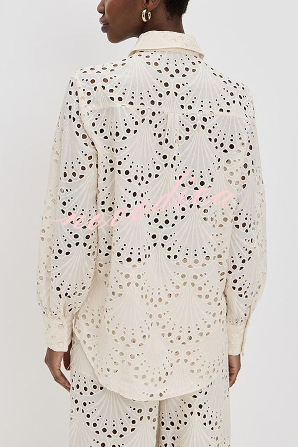 Conjunto Lillah – Renda Bordada com Estampa Concha e Manga Longa