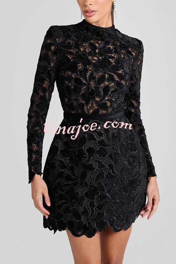 Vestido Lydia – Mini Tule com Renda Floral Bordada, Manga Longa e Cinto