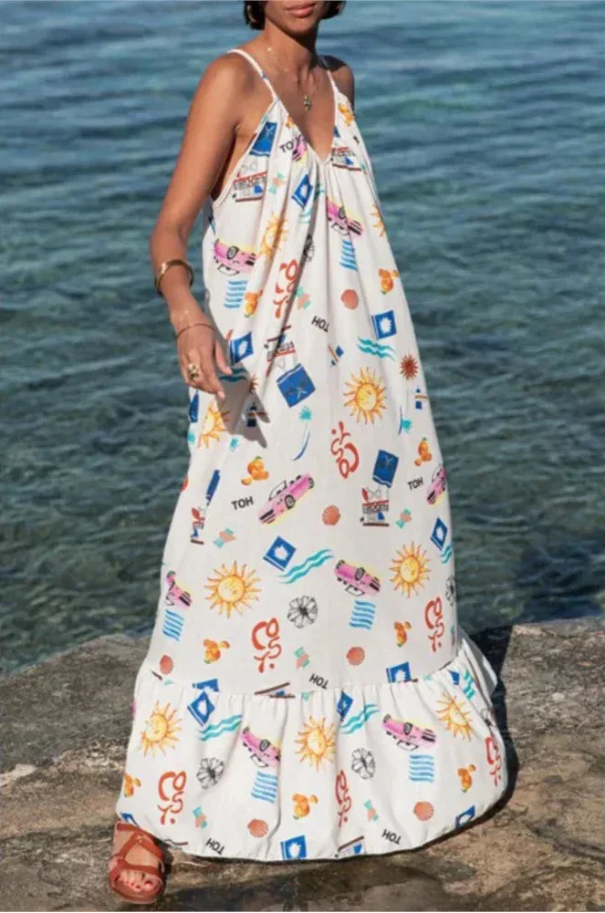 Vestido Longo Solto Marisol em Linho com Estampa Exclusiva e Modelagem Evasê
