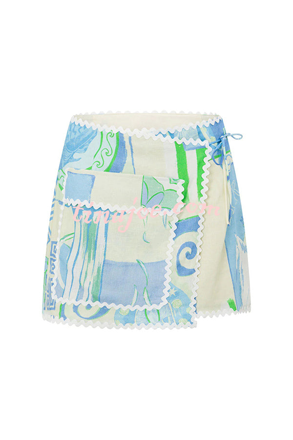 Conjunto Pierre – Camisa Estampada com Saia Envelope em Linho e Amarração Lateral