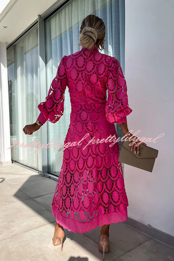 Vestido Helena – Midi de Renda de Crochê com Manga Lanterninha