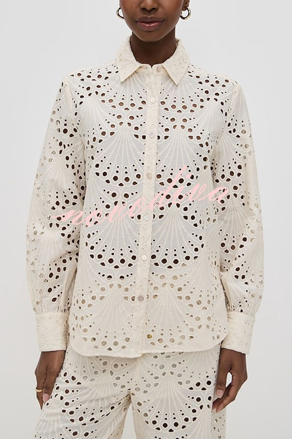 Conjunto Lillah – Renda Bordada com Estampa Concha e Manga Longa