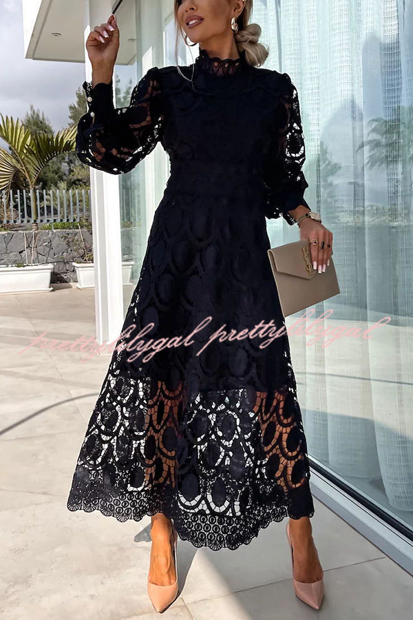 Vestido Helena – Midi de Renda de Crochê com Manga Lanterninha