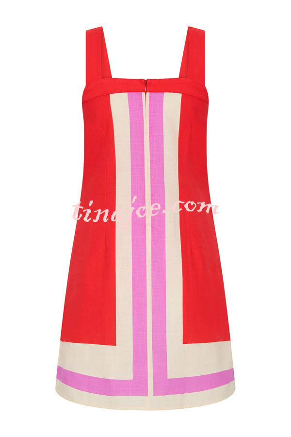 Vestido Clara – Mini de Linho com Linhas Contrastantes e Decote Quadrado