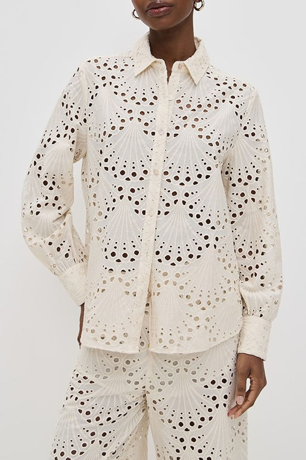 Conjunto Lillah – Renda Bordada com Estampa Concha e Manga Longa