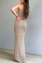 Vestido Sofie – Maxi Tricot Texturizado com Fenda e Decote Cavado