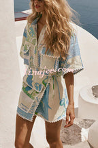 Conjunto Pierre – Camisa Estampada com Saia Envelope em Linho e Amarração Lateral