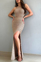 Vestido Sofie – Maxi Tricot Texturizado com Fenda e Decote Cavado