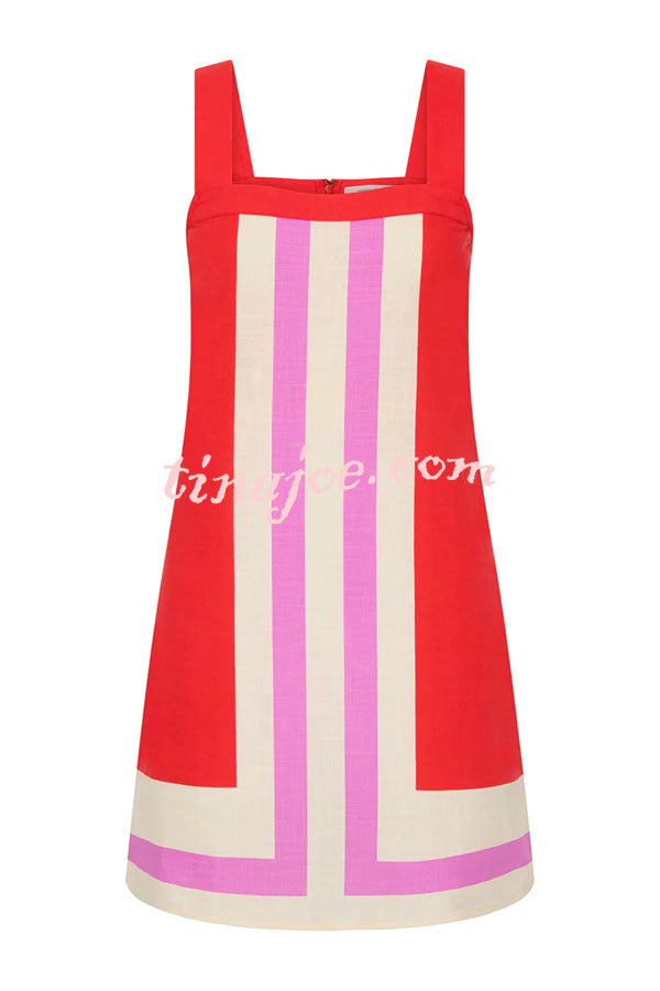 Vestido Clara – Mini de Linho com Linhas Contrastantes e Decote Quadrado