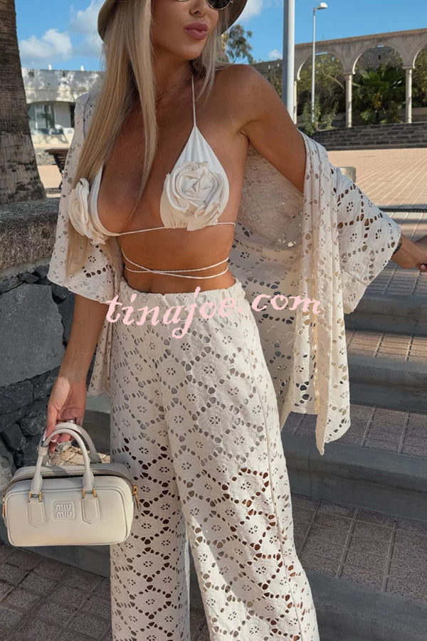 Conjunto Holiday – Camisa Rendada com Flores + Calça Pantalona com Cintura Elástica