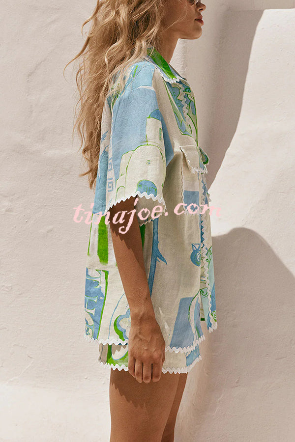 Conjunto Pierre – Camisa Estampada com Saia Envelope em Linho e Amarração Lateral