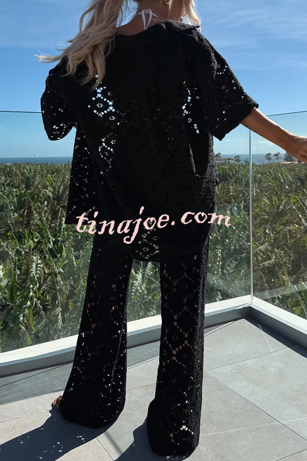 Conjunto Holiday – Camisa Rendada com Flores + Calça Pantalona com Cintura Elástica