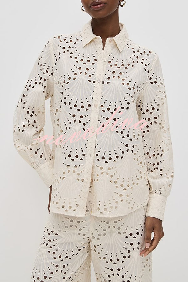 Conjunto Lillah – Renda Bordada com Estampa Concha e Manga Longa