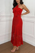 Vestido Iara – Maxi de Tricot Crochê com Design de Flor e Decote Halter