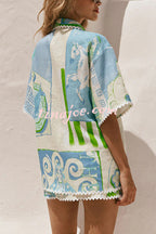 Conjunto Pierre – Camisa Estampada com Saia Envelope em Linho e Amarração Lateral