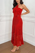 Vestido Iara – Maxi de Tricot Crochê com Design de Flor e Decote Halter