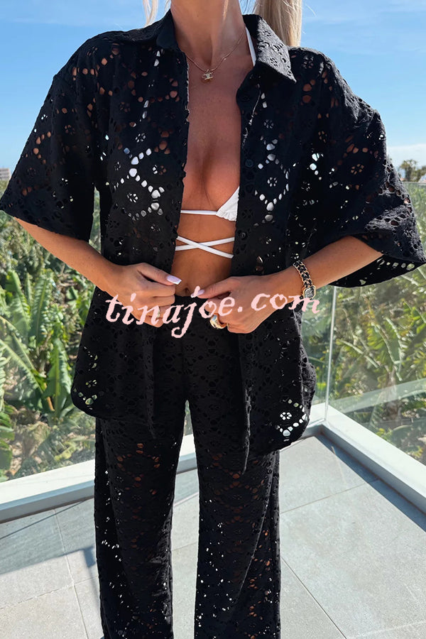 Conjunto Holiday – Camisa Rendada com Flores + Calça Pantalona com Cintura Elástica