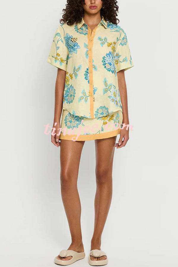 Conjunto Giselle – Camisa Floral com Saia Mini de Zíper em Linho