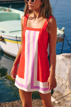 Vestido Clara – Mini de Linho com Linhas Contrastantes e Decote Quadrado