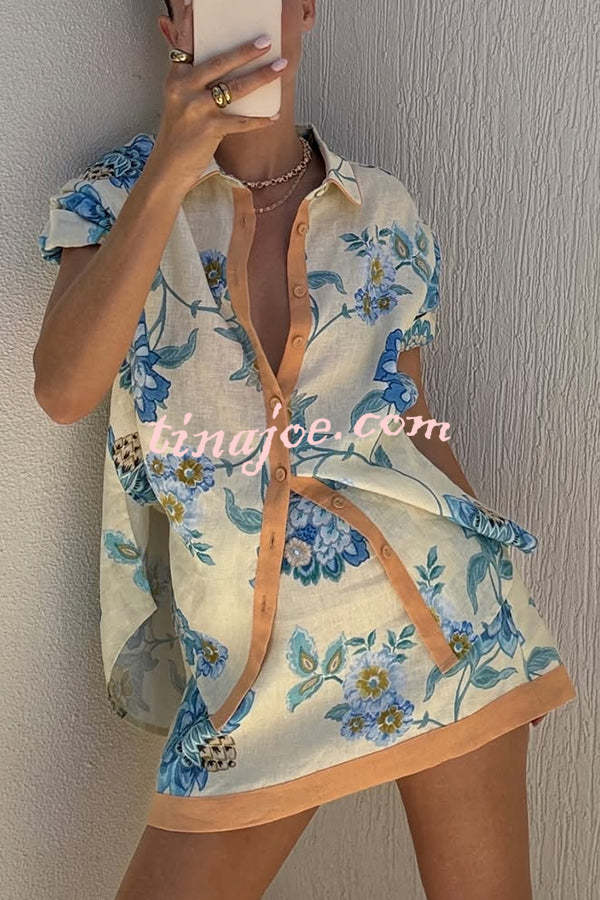 Conjunto Giselle – Camisa Floral com Saia Mini de Zíper em Linho