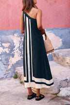 Vestido Grace – Midi Linho com Um Ombro e Detalhe Contrastante Priya