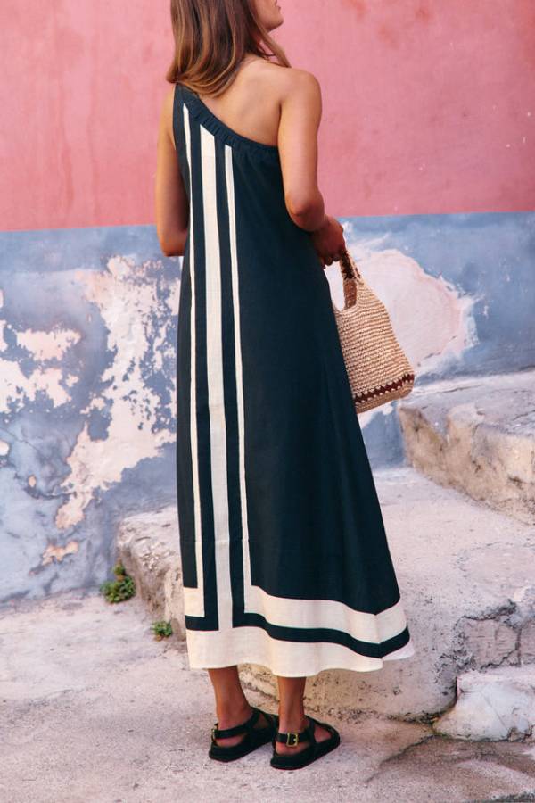 Vestido Grace – Midi Linho com Um Ombro e Detalhe Contrastante Priya