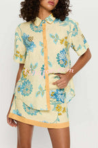 Conjunto Giselle – Camisa Floral com Saia Mini de Zíper em Linho