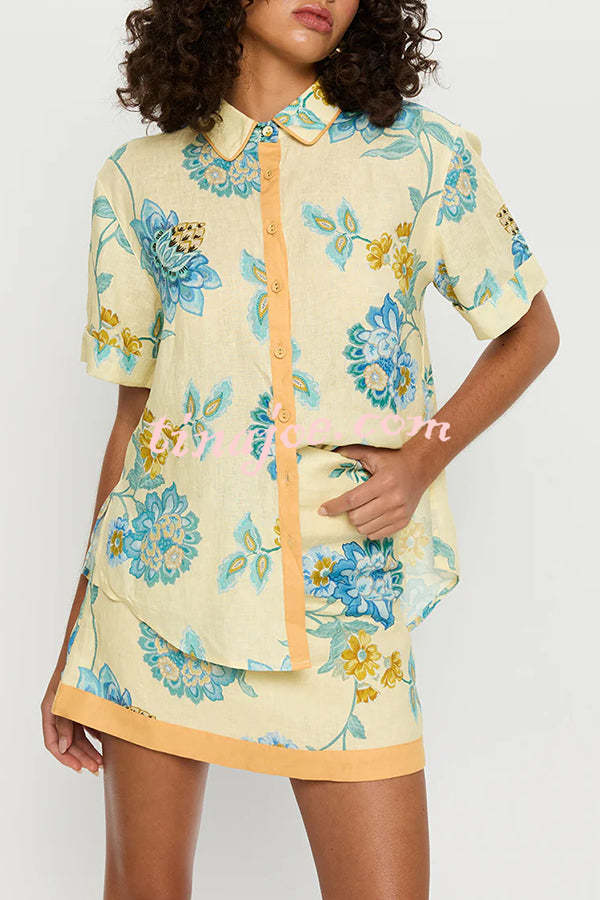 Conjunto Giselle – Camisa Floral com Saia Mini de Zíper em Linho