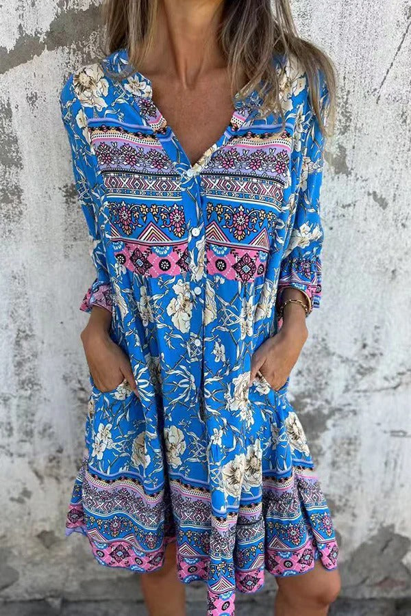 Vestido Laila – Floral Étnico com Bolsos e Decote V Priya