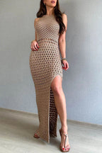 Vestido Sofie – Maxi Tricot Texturizado com Fenda e Decote Cavado