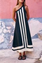 Vestido Grace – Midi Linho com Um Ombro e Detalhe Contrastante Priya