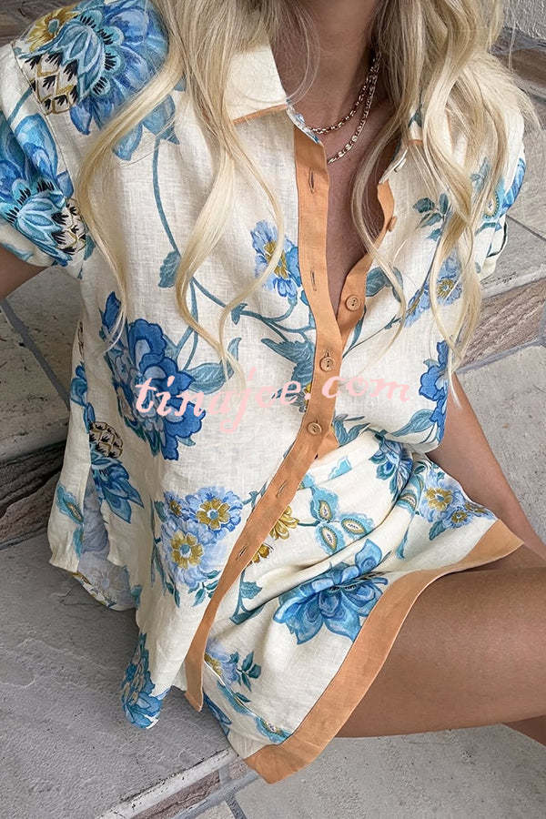 Conjunto Giselle – Camisa Floral com Saia Mini de Zíper em Linho