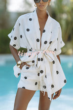 Conjunto Lara – Top Kimono com Poá e Shorts com Cintura Elástica e Bolso