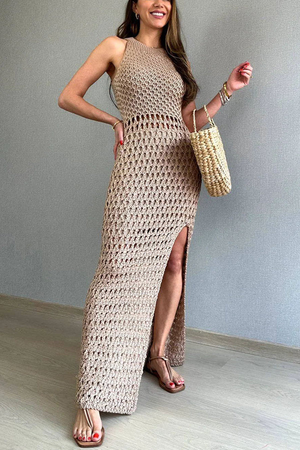 Vestido Sofie – Maxi Tricot Texturizado com Fenda e Decote Cavado