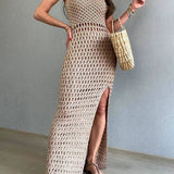 Vestido Sofie – Maxi Tricot Texturizado com Fenda e Decote Cavado