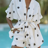 Conjunto Lara – Top Kimono com Poá e Shorts com Cintura Elástica e Bolso