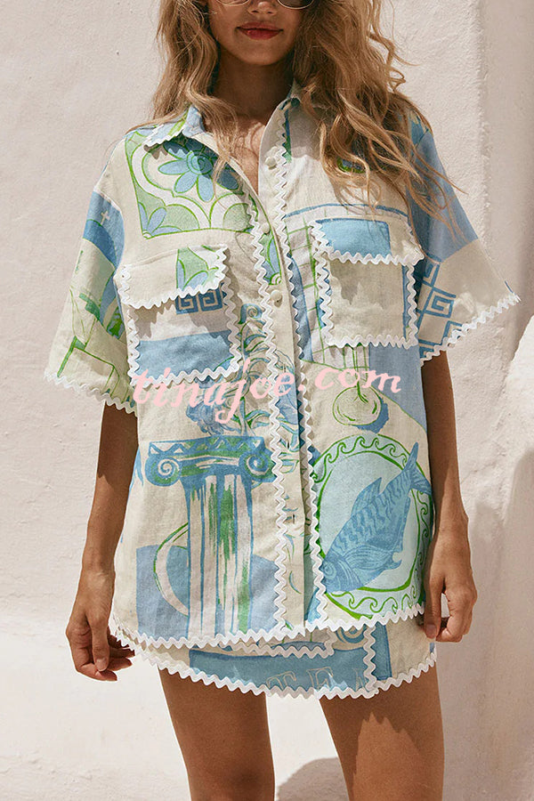 Conjunto Pierre – Camisa Estampada com Saia Envelope em Linho e Amarração Lateral