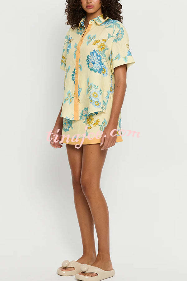 Conjunto Giselle – Camisa Floral com Saia Mini de Zíper em Linho