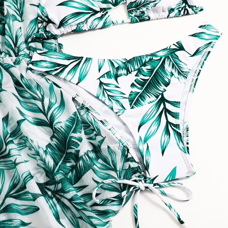 Biquíni de 3 Peças com Impressão Floral Areia Dourada