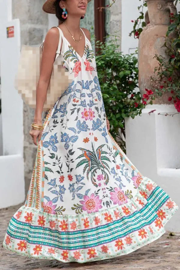 Vestido Longo Solto Marisol em Linho com Estampa Exclusiva e Modelagem Evasê