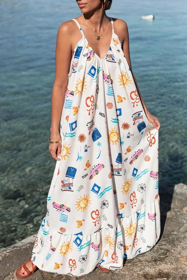 Vestido Longo Solto Marisol em Linho com Estampa Exclusiva e Modelagem Evasê