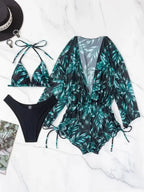 Biquíni de 3 Peças com Impressão Floral Areia Dourada