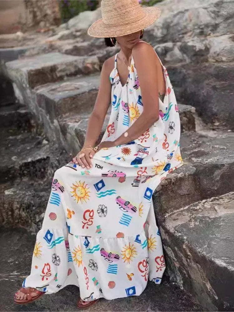 Vestido Longo Solto Marisol em Linho com Estampa Exclusiva e Modelagem Evasê