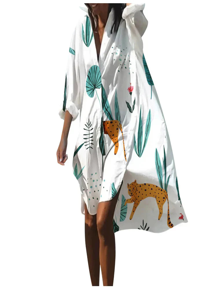 Saída de Praia Feminina Midi Estampada Coral