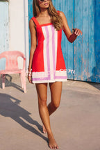 Vestido Clara – Mini de Linho com Linhas Contrastantes e Decote Quadrado