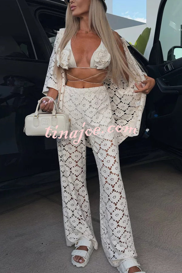 Conjunto Holiday – Camisa Rendada com Flores + Calça Pantalona com Cintura Elástica